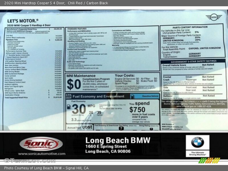 Chili Red / Carbon Black 2020 Mini Hardtop Cooper S 4 Door