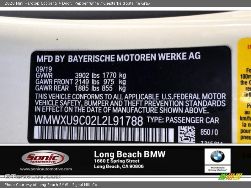 2020 Hardtop Cooper S 4 Door Pepper White Color Code 850