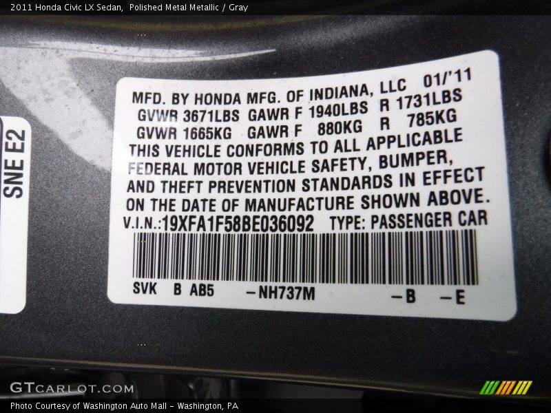 Polished Metal Metallic / Gray 2011 Honda Civic LX Sedan