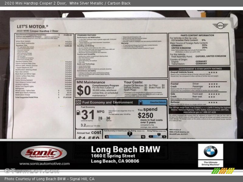 White Silver Metallic / Carbon Black 2020 Mini Hardtop Cooper 2 Door