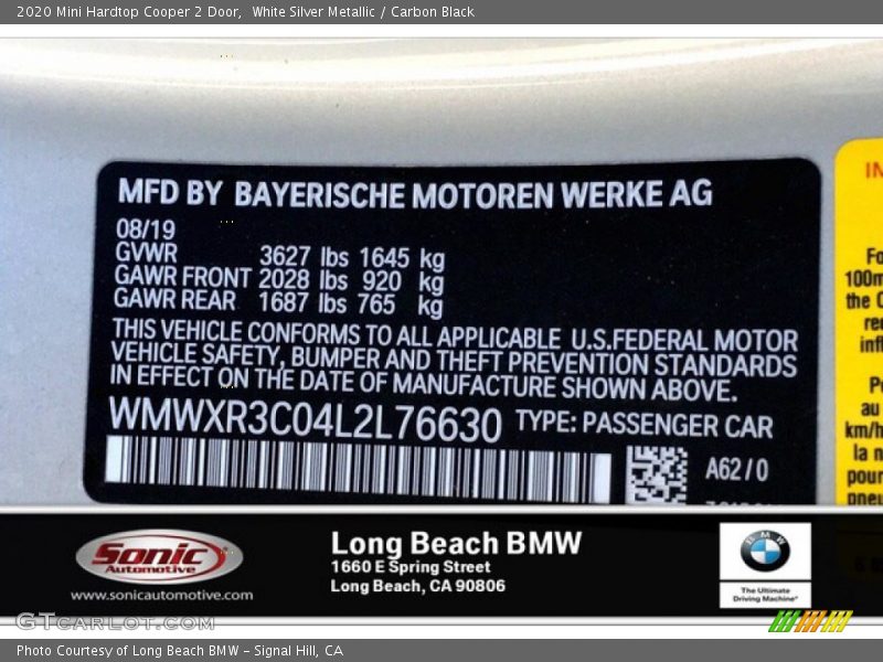 2020 Hardtop Cooper 2 Door White Silver Metallic Color Code A62
