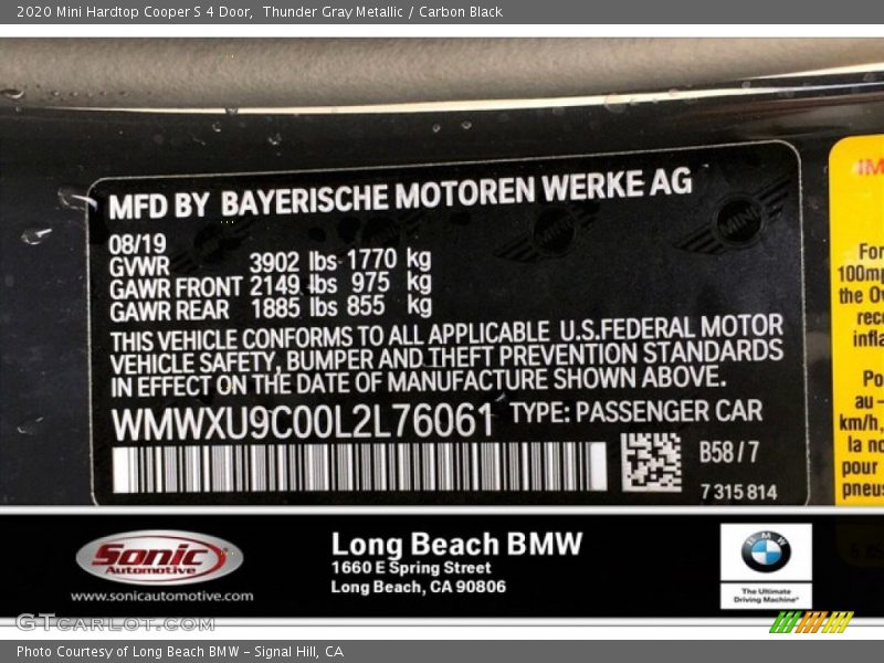2020 Hardtop Cooper S 4 Door Thunder Gray Metallic Color Code B58