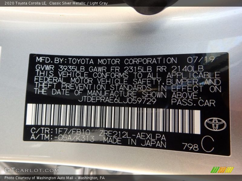 Classic Silver Metallic / Light Gray 2020 Toyota Corolla LE