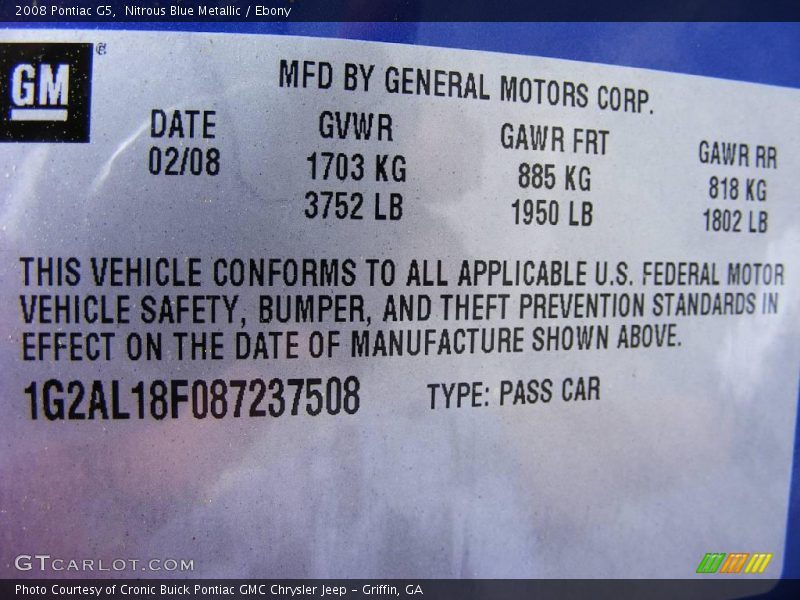 Nitrous Blue Metallic / Ebony 2008 Pontiac G5