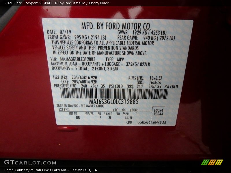 Ruby Red Metallic / Ebony Black 2020 Ford EcoSport SE 4WD