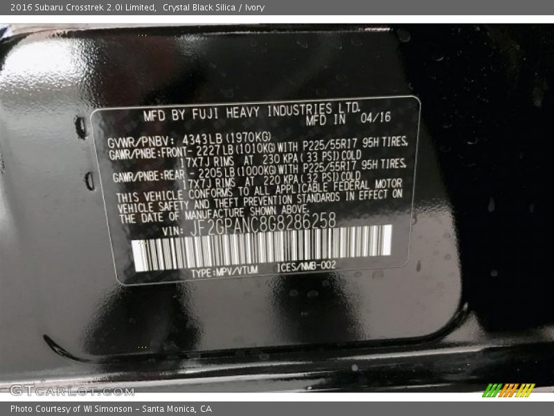 Crystal Black Silica / Ivory 2016 Subaru Crosstrek 2.0i Limited