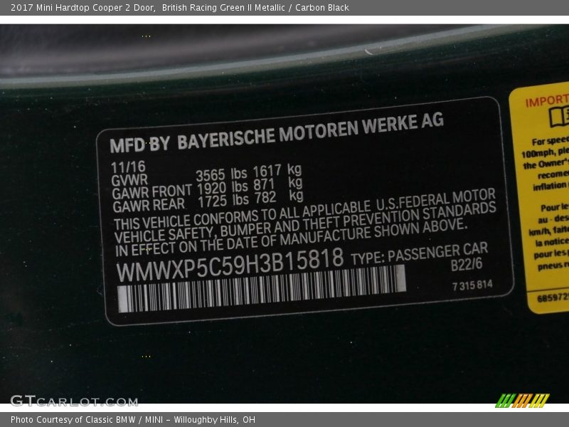 British Racing Green II Metallic / Carbon Black 2017 Mini Hardtop Cooper 2 Door