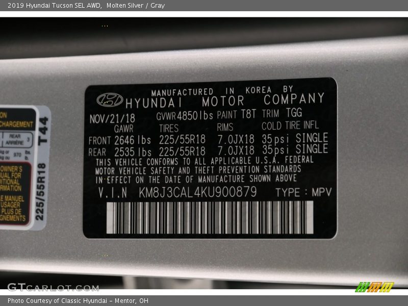 Molten Silver / Gray 2019 Hyundai Tucson SEL AWD