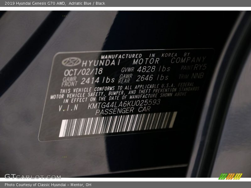 Adriatic Blue / Black 2019 Hyundai Genesis G70 AWD