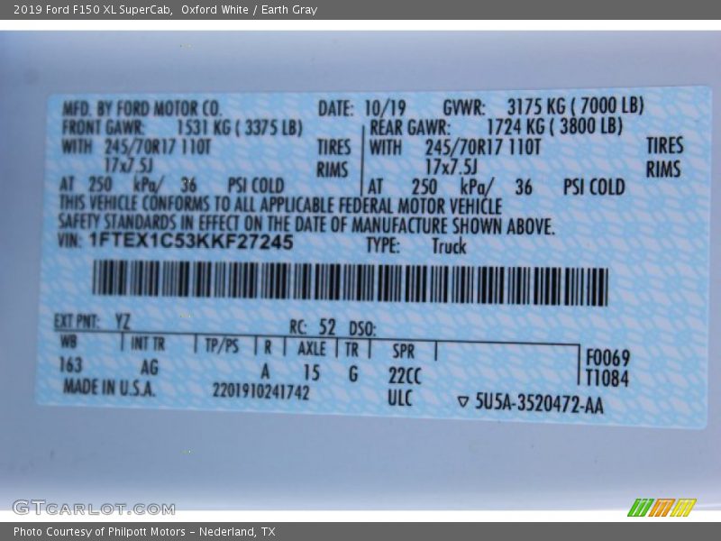 Oxford White / Earth Gray 2019 Ford F150 XL SuperCab