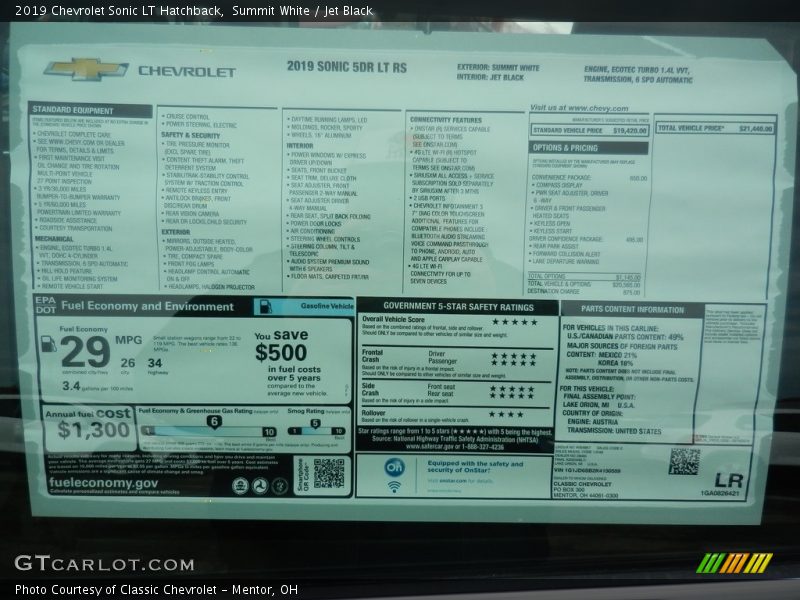  2019 Sonic LT Hatchback Window Sticker