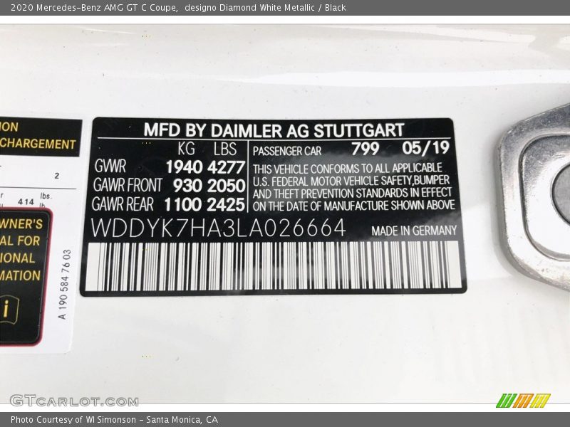 2020 AMG GT C Coupe designo Diamond White Metallic Color Code 799
