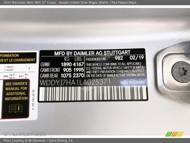 2020 AMG GT Coupe designo Iridium Silver Magno (Matte) Color Code 982