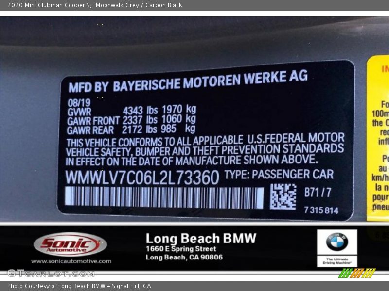Moonwalk Grey / Carbon Black 2020 Mini Clubman Cooper S