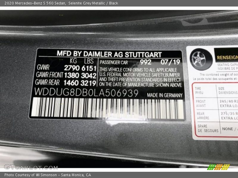 2020 S 560 Sedan Selenite Grey Metallic Color Code 992