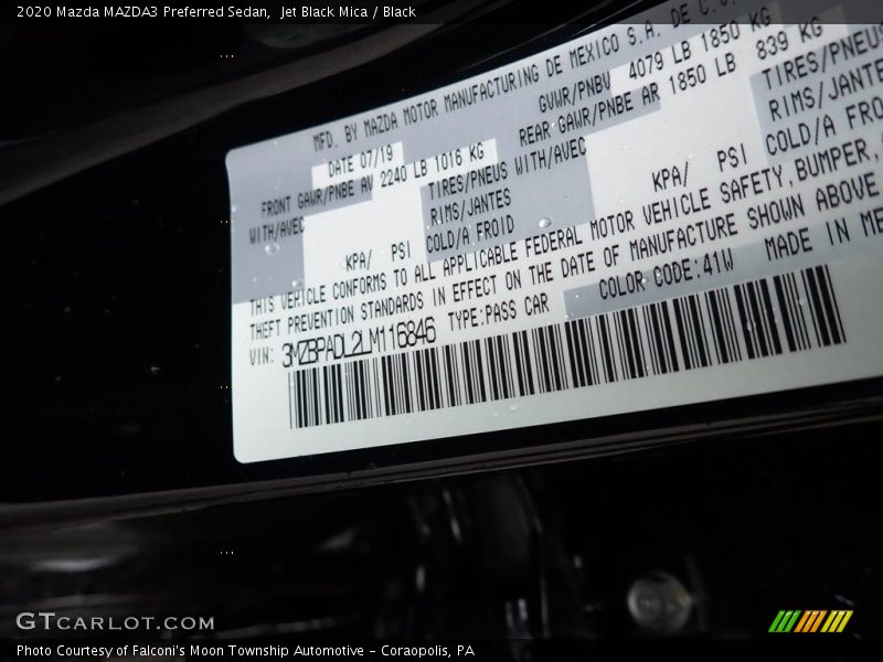 2020 MAZDA3 Preferred Sedan Jet Black Mica Color Code 41W