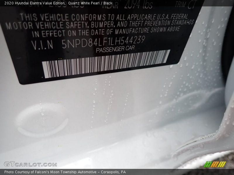 Quartz White Pearl / Black 2020 Hyundai Elantra Value Edition