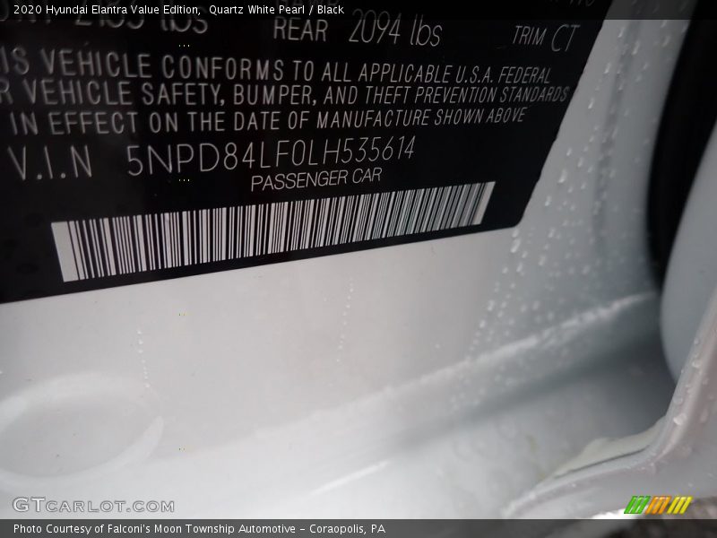 Quartz White Pearl / Black 2020 Hyundai Elantra Value Edition