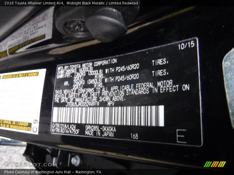 Midnight Black Metallic / Limited Redwood 2016 Toyota 4Runner Limited 4x4