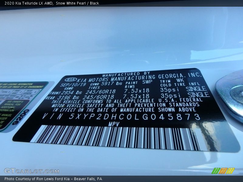 Snow White Pearl / Black 2020 Kia Telluride LX AWD