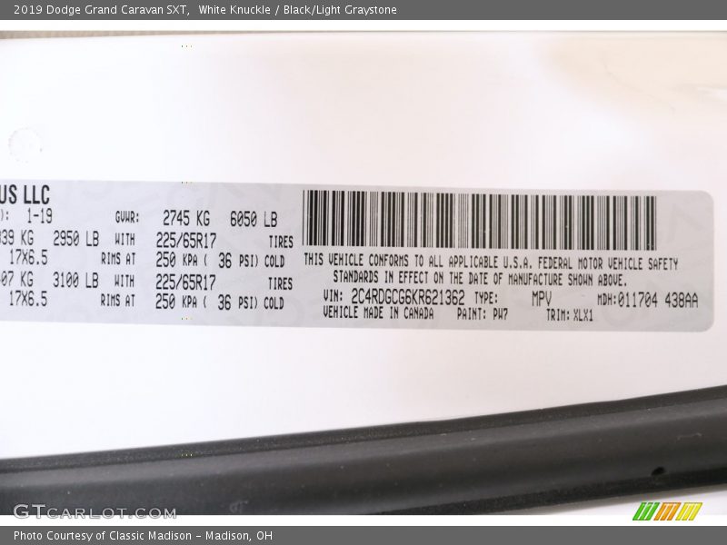 2019 Grand Caravan SXT White Knuckle Color Code PW7