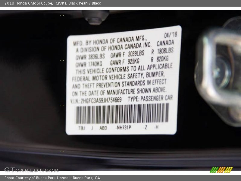 Crystal Black Pearl / Black 2018 Honda Civic Si Coupe