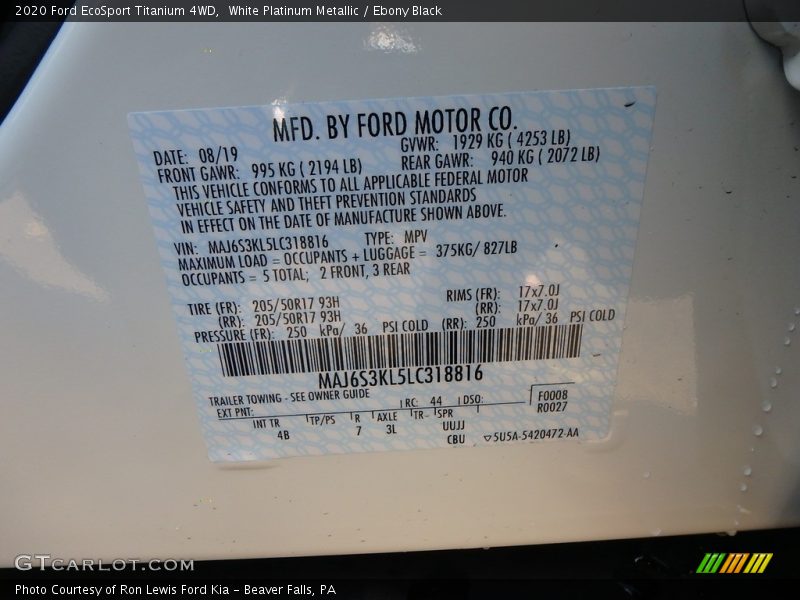 White Platinum Metallic / Ebony Black 2020 Ford EcoSport Titanium 4WD