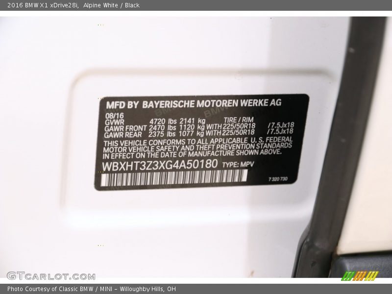 Alpine White / Black 2016 BMW X1 xDrive28i