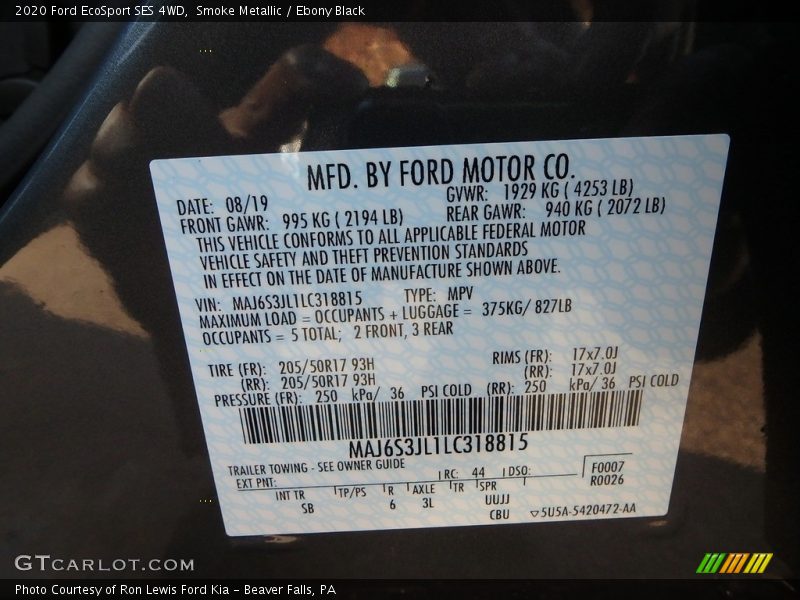 Smoke Metallic / Ebony Black 2020 Ford EcoSport SES 4WD