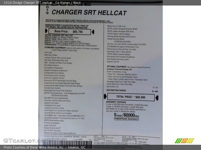  2019 Charger SRT Hellcat Window Sticker