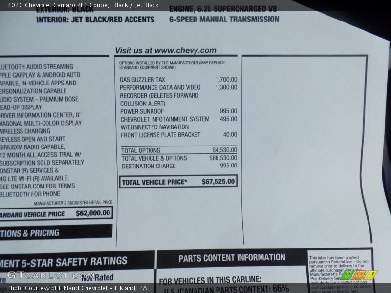  2020 Camaro ZL1 Coupe Window Sticker