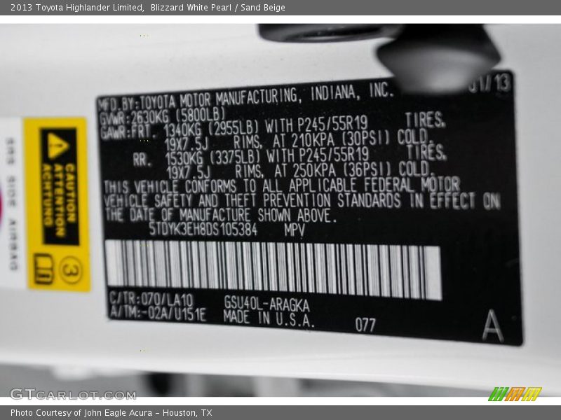 Blizzard White Pearl / Sand Beige 2013 Toyota Highlander Limited