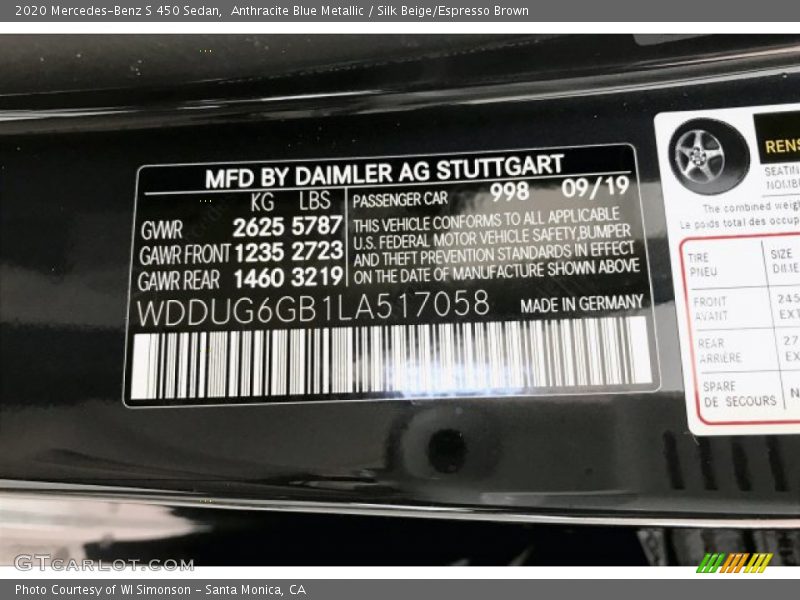 2020 S 450 Sedan Anthracite Blue Metallic Color Code 998