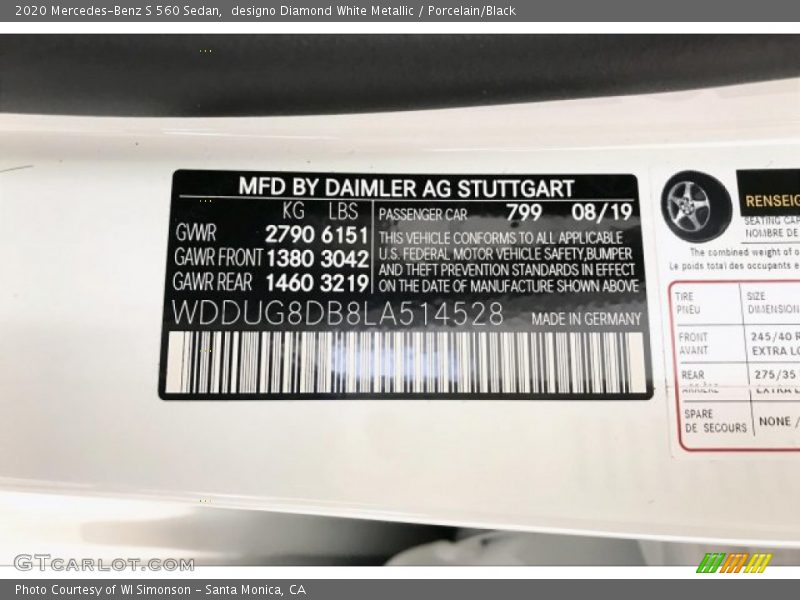 designo Diamond White Metallic / Porcelain/Black 2020 Mercedes-Benz S 560 Sedan