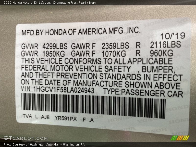 Champagne Frost Pearl / Ivory 2020 Honda Accord EX-L Sedan