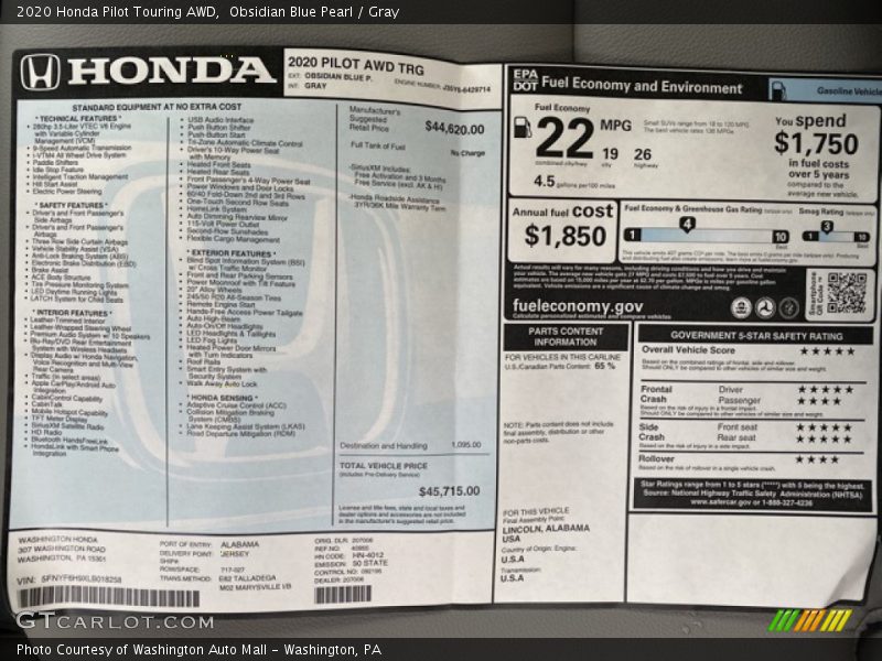  2020 Pilot Touring AWD Window Sticker