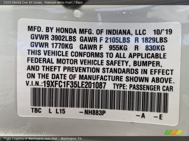 Platinum White Pearl / Black 2020 Honda Civic EX Sedan