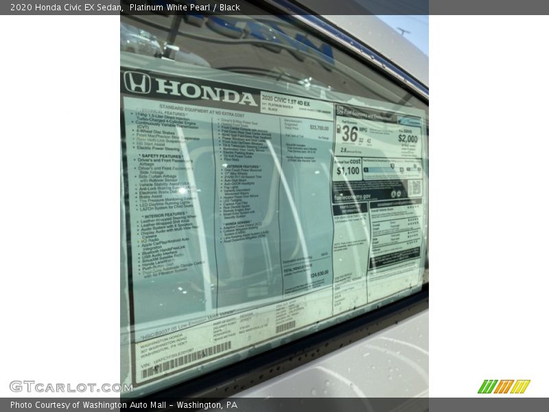 Platinum White Pearl / Black 2020 Honda Civic EX Sedan