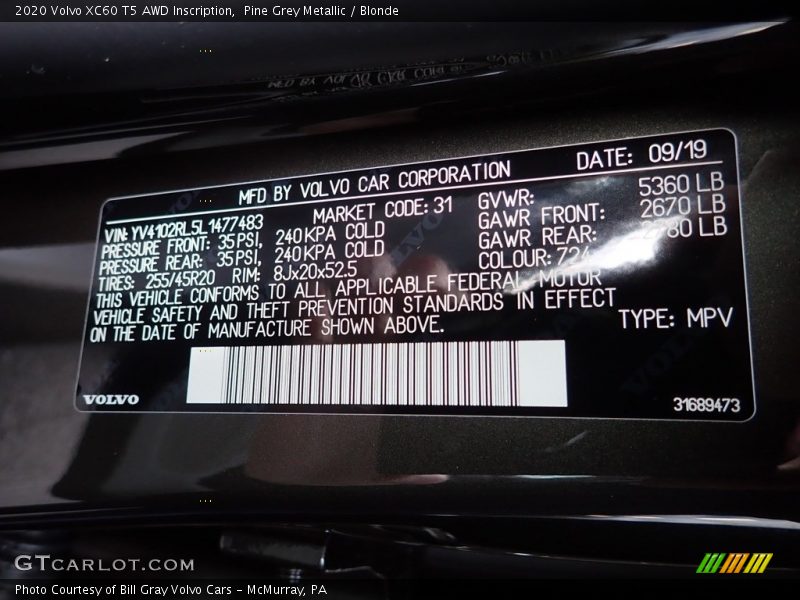 Pine Grey Metallic / Blonde 2020 Volvo XC60 T5 AWD Inscription