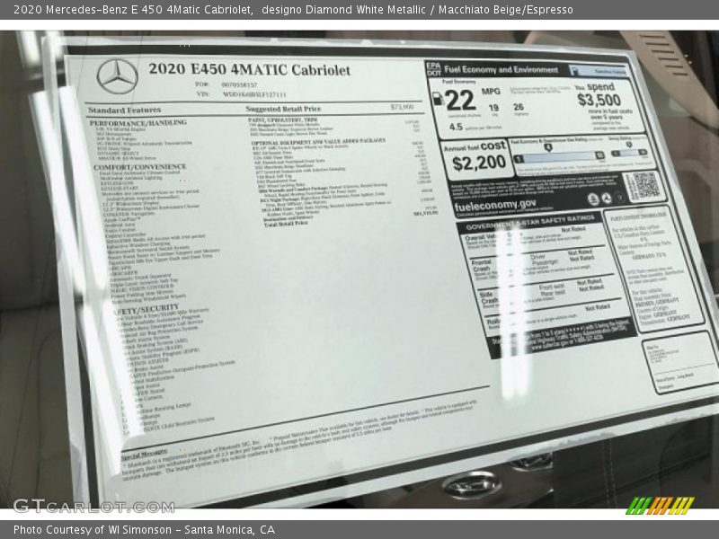  2020 E 450 4Matic Cabriolet Window Sticker