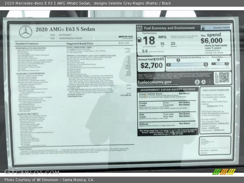  2020 E 63 S AMG 4Matic Sedan Window Sticker