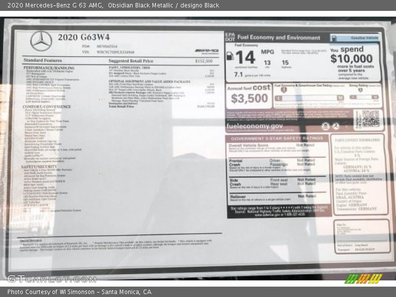  2020 G 63 AMG Window Sticker