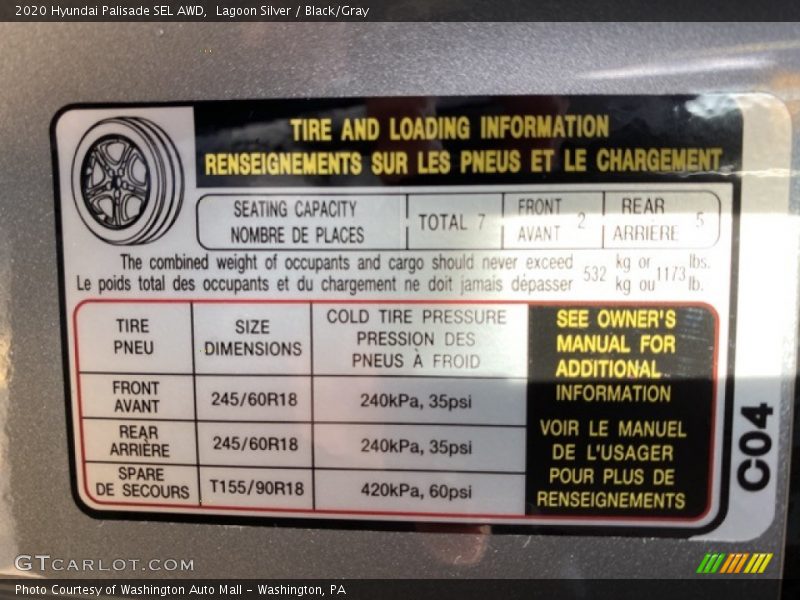 Info Tag of 2020 Palisade SEL AWD