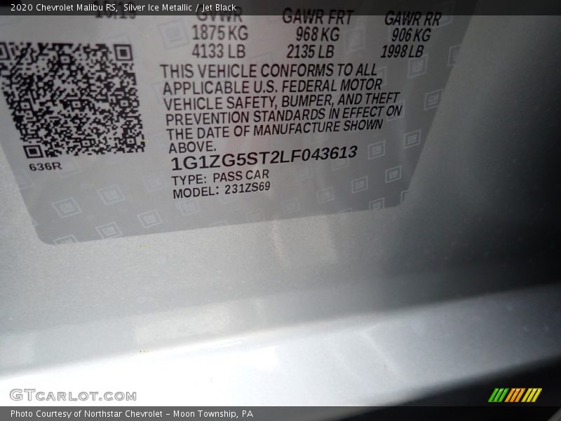 Silver Ice Metallic / Jet Black 2020 Chevrolet Malibu RS