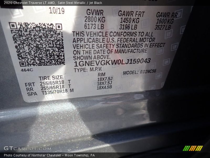 Satin Steel Metallic / Jet Black 2020 Chevrolet Traverse LT AWD