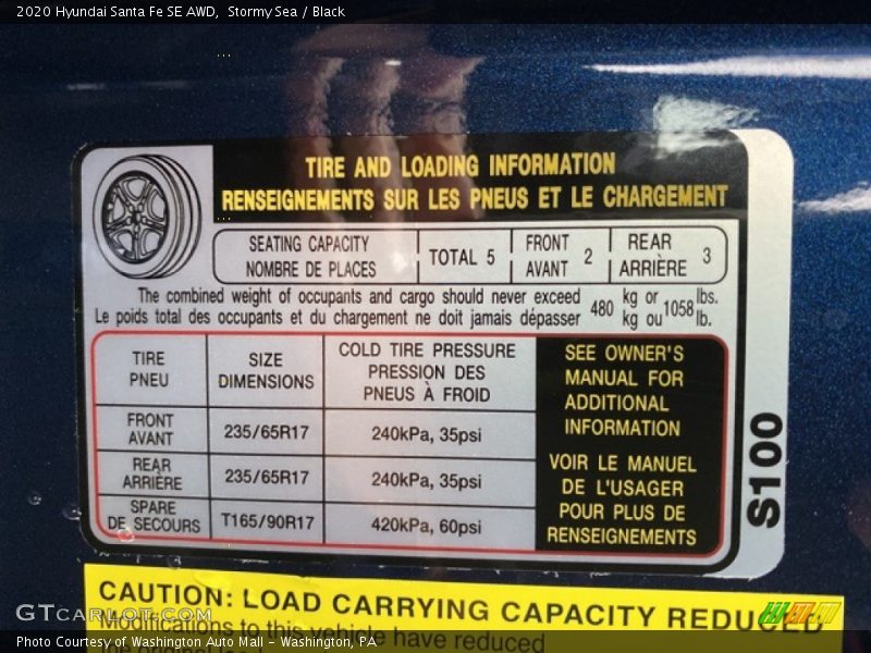 Info Tag of 2020 Santa Fe SE AWD