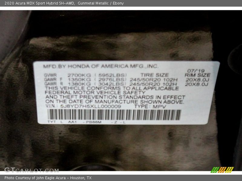 2020 MDX Sport Hybrid SH-AWD Gunmetal Metallic Color Code PB88M