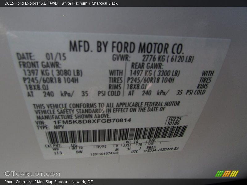 White Platinum / Charcoal Black 2015 Ford Explorer XLT 4WD