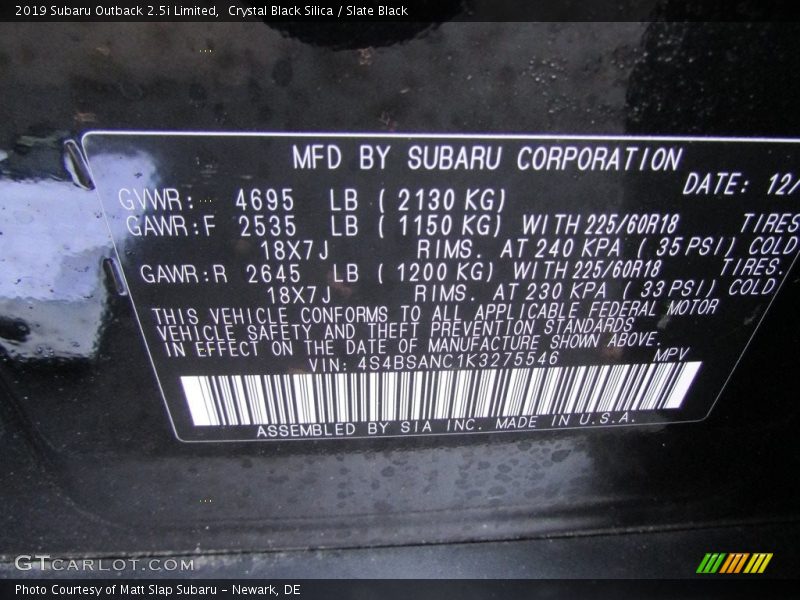 Crystal Black Silica / Slate Black 2019 Subaru Outback 2.5i Limited
