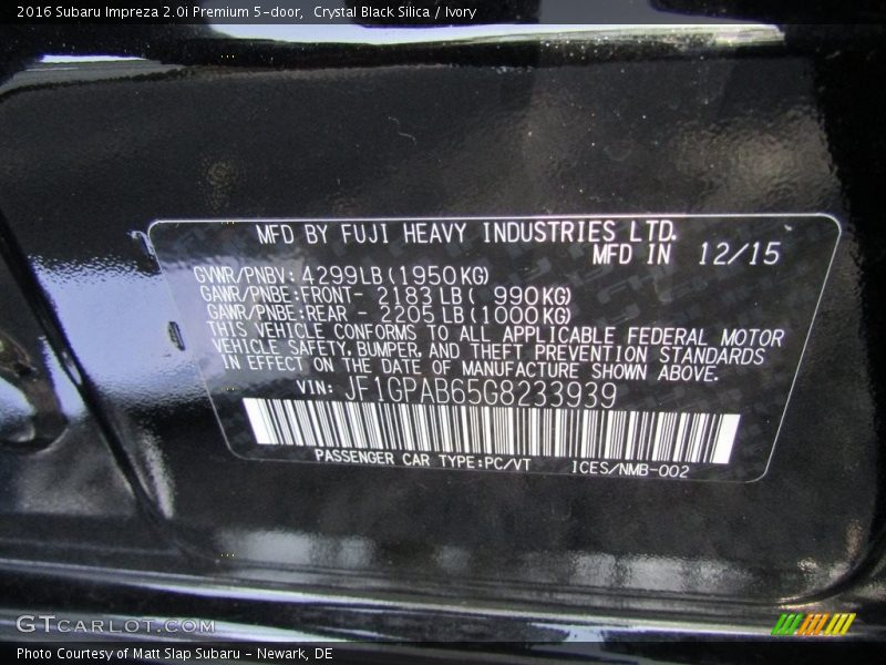 Crystal Black Silica / Ivory 2016 Subaru Impreza 2.0i Premium 5-door